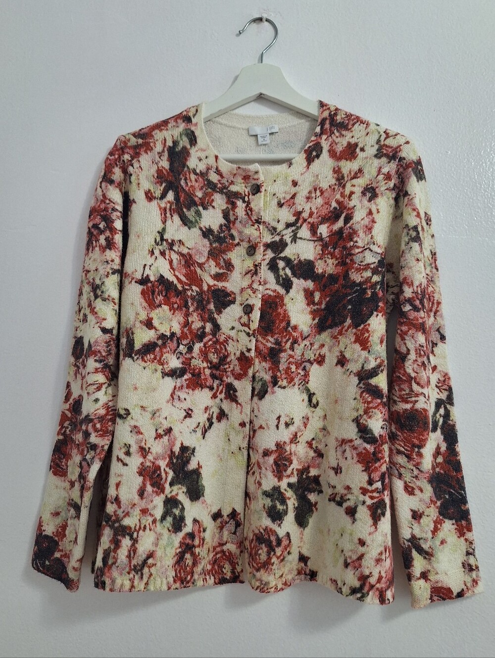 NWT J. Jill Cream Floral Button-Front Cardigan with Red and Brown Accents